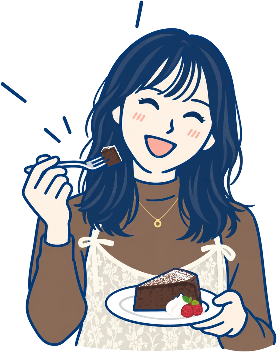 ガトーショコラを食べて笑顔になる妻